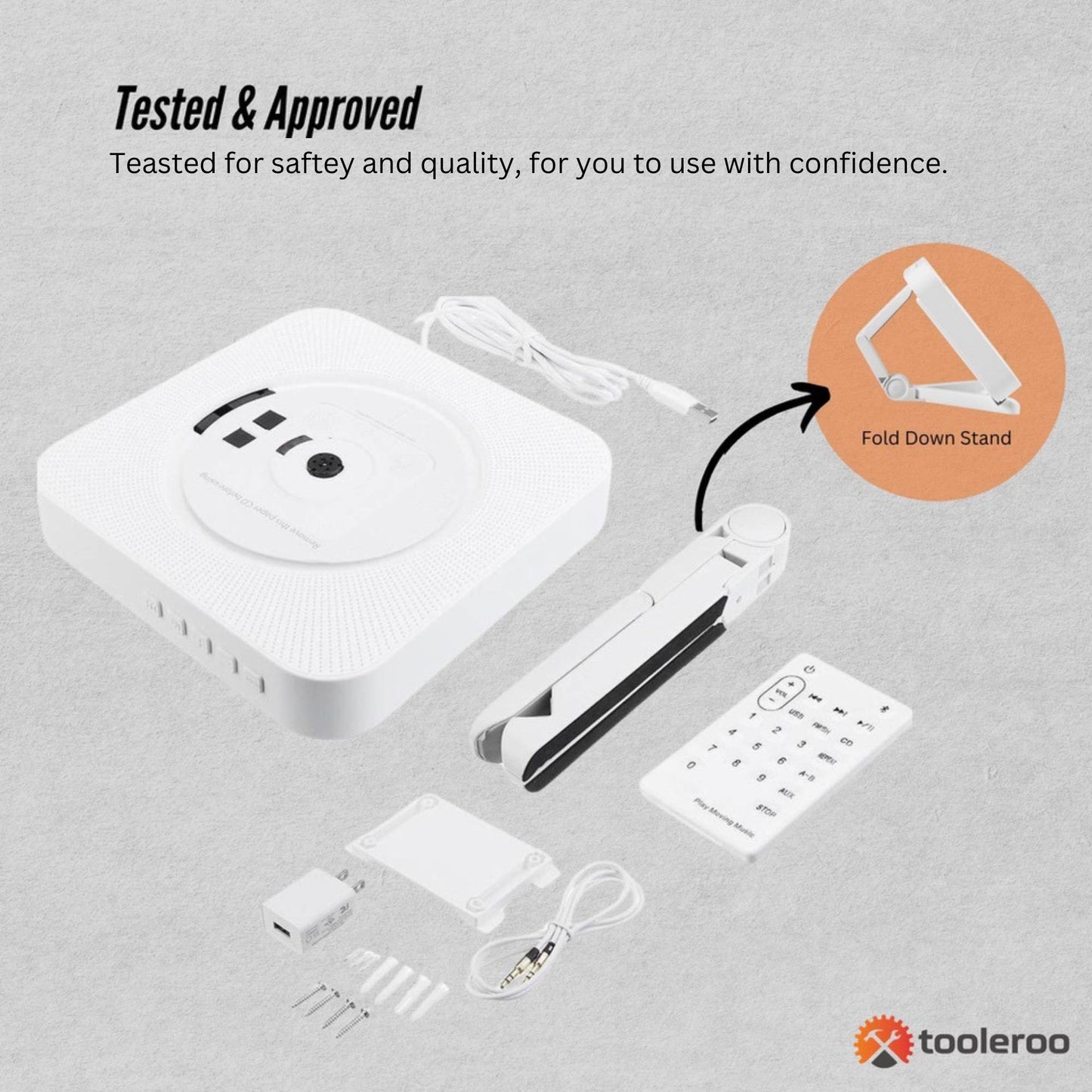 Tooleroo Wall Mountable CD Player Speaker - Bluetooth HiFi FM Radio White