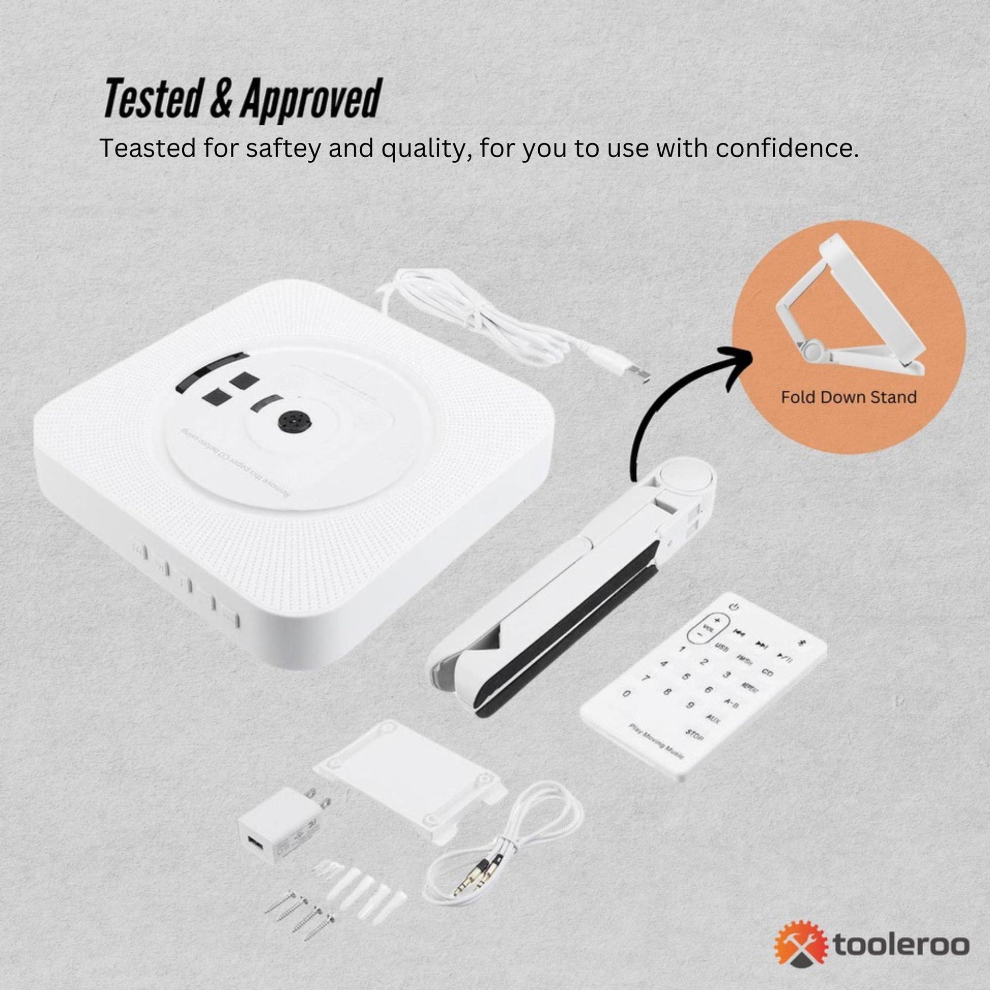 Tooleroo Wall Mountable CD Player Speaker - Bluetooth HiFi FM Radio White