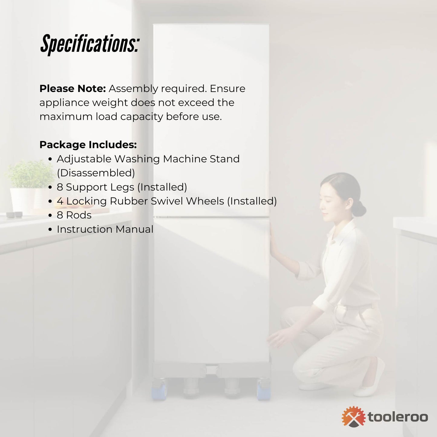 Tooleroo Washing Machine Stand - 200Kg Adjustable Wheeled Fridge Appliance Base