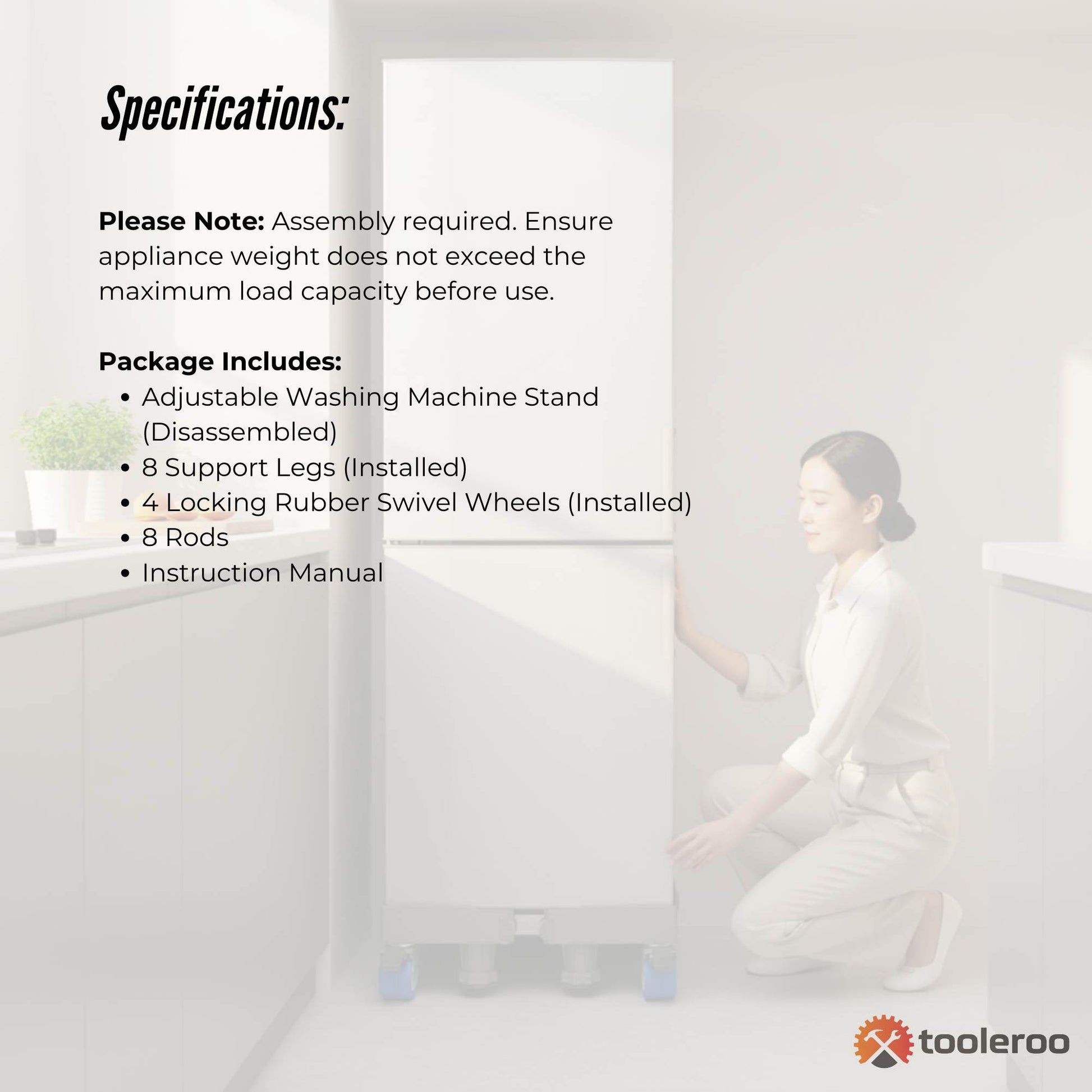 Tooleroo Washing Machine Stand - 200Kg Adjustable Wheeled Fridge Appliance Base