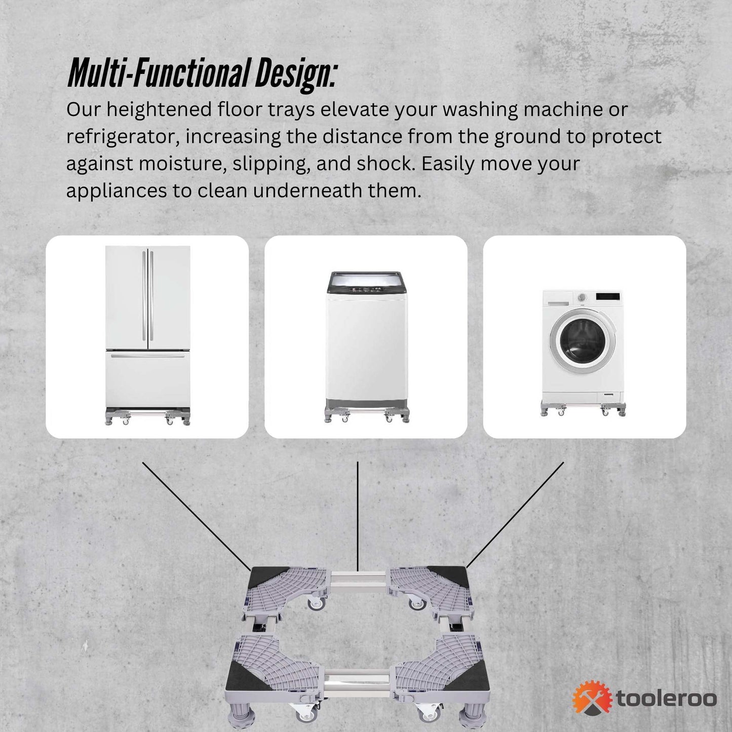 Tooleroo Washing Machine Stand - 300Kg Adjustable Wheeled Fridge Appliance Base