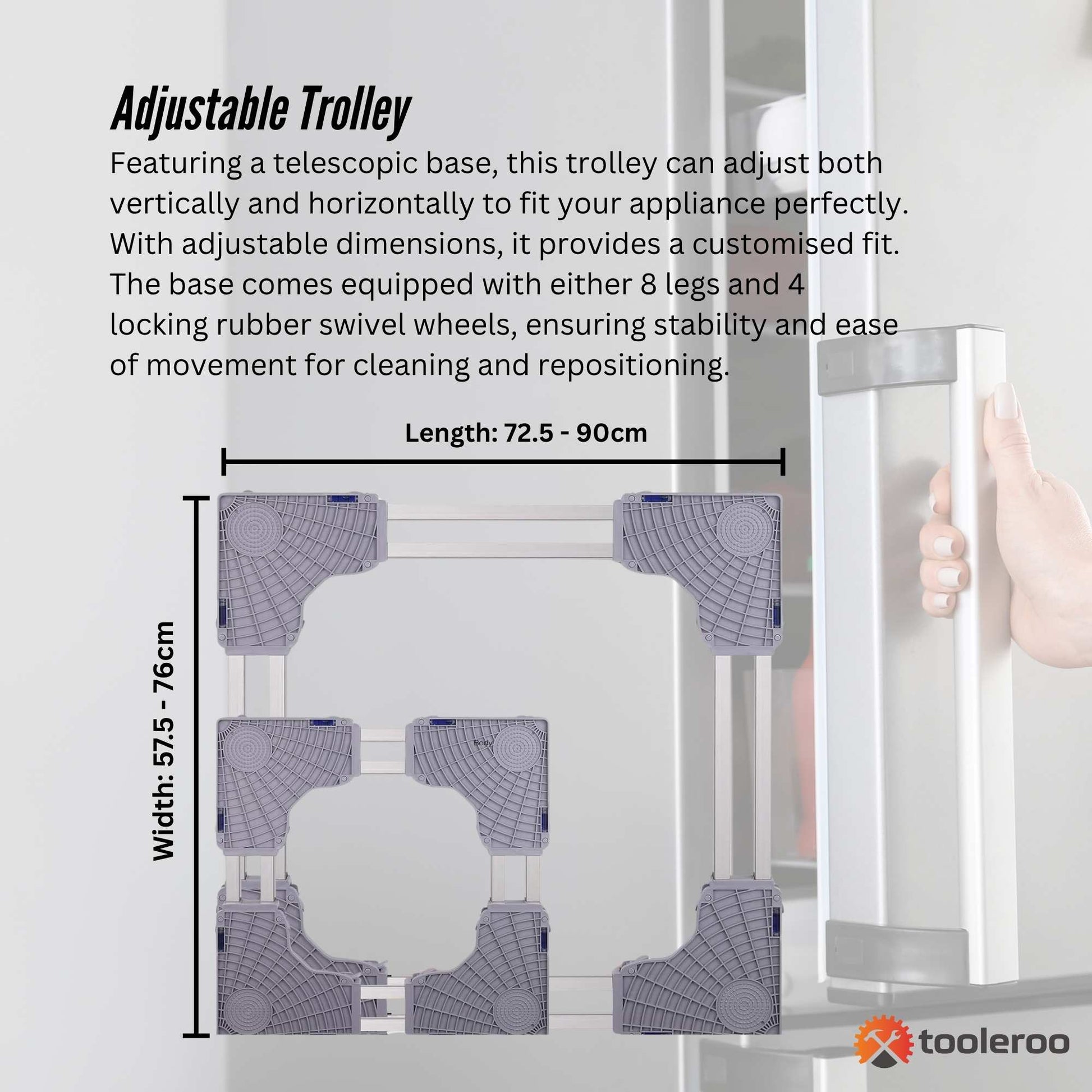 Tooleroo Washing Machine Stand - 300Kg Adjustable Wheeled Fridge Appliance Base
