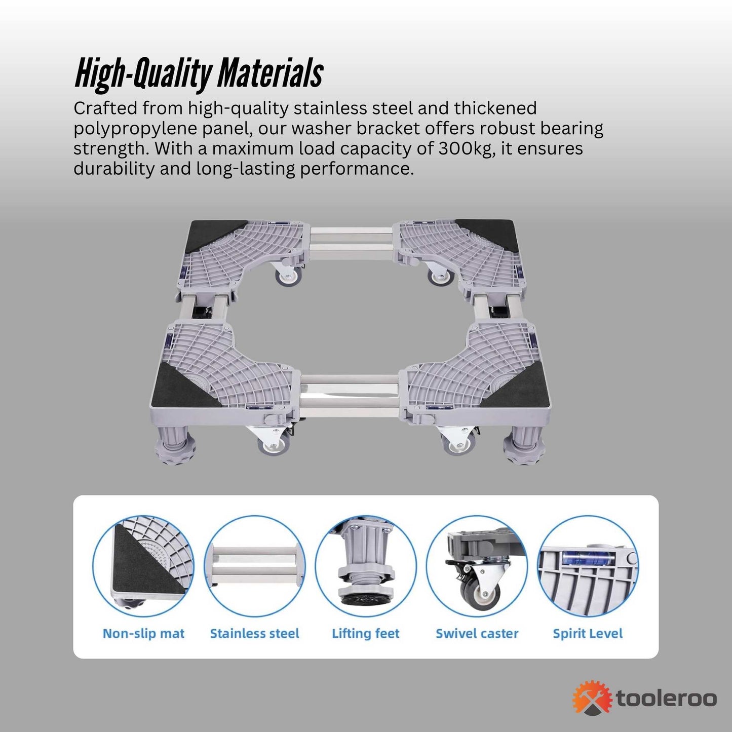 Tooleroo Washing Machine Stand - 300Kg Adjustable Wheeled Fridge Appliance Base