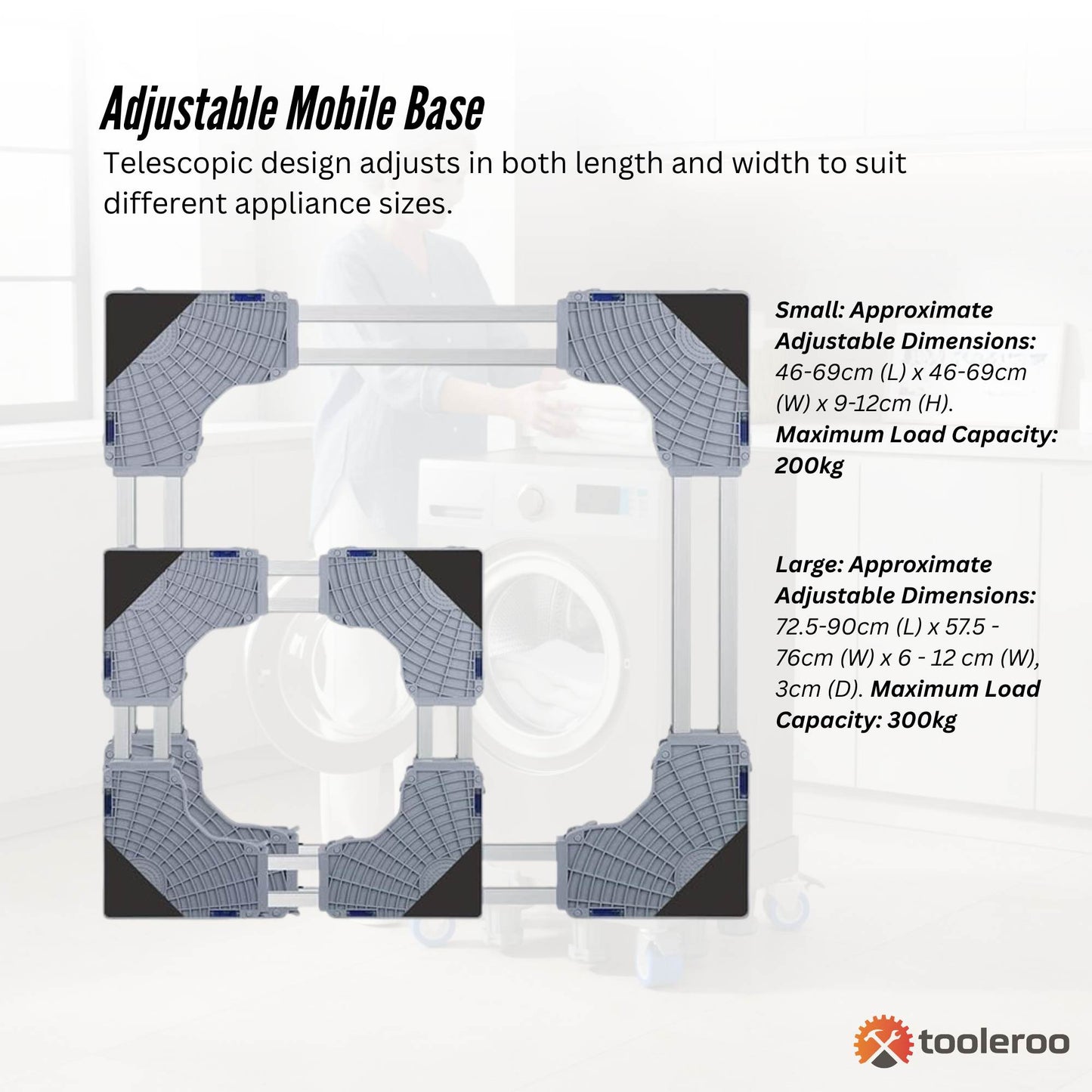Tooleroo Washing Machine Stand - Wheeled Adjustable Fridge and Appliance Base