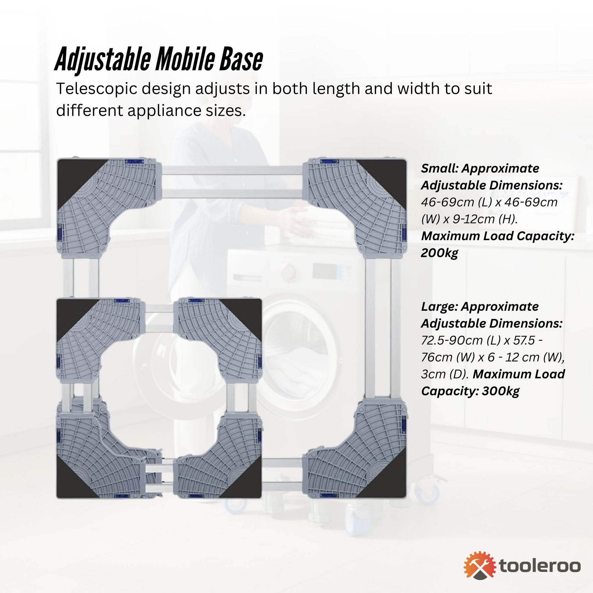 Tooleroo Washing Machine Stand - Wheeled Adjustable Fridge and Appliance Base