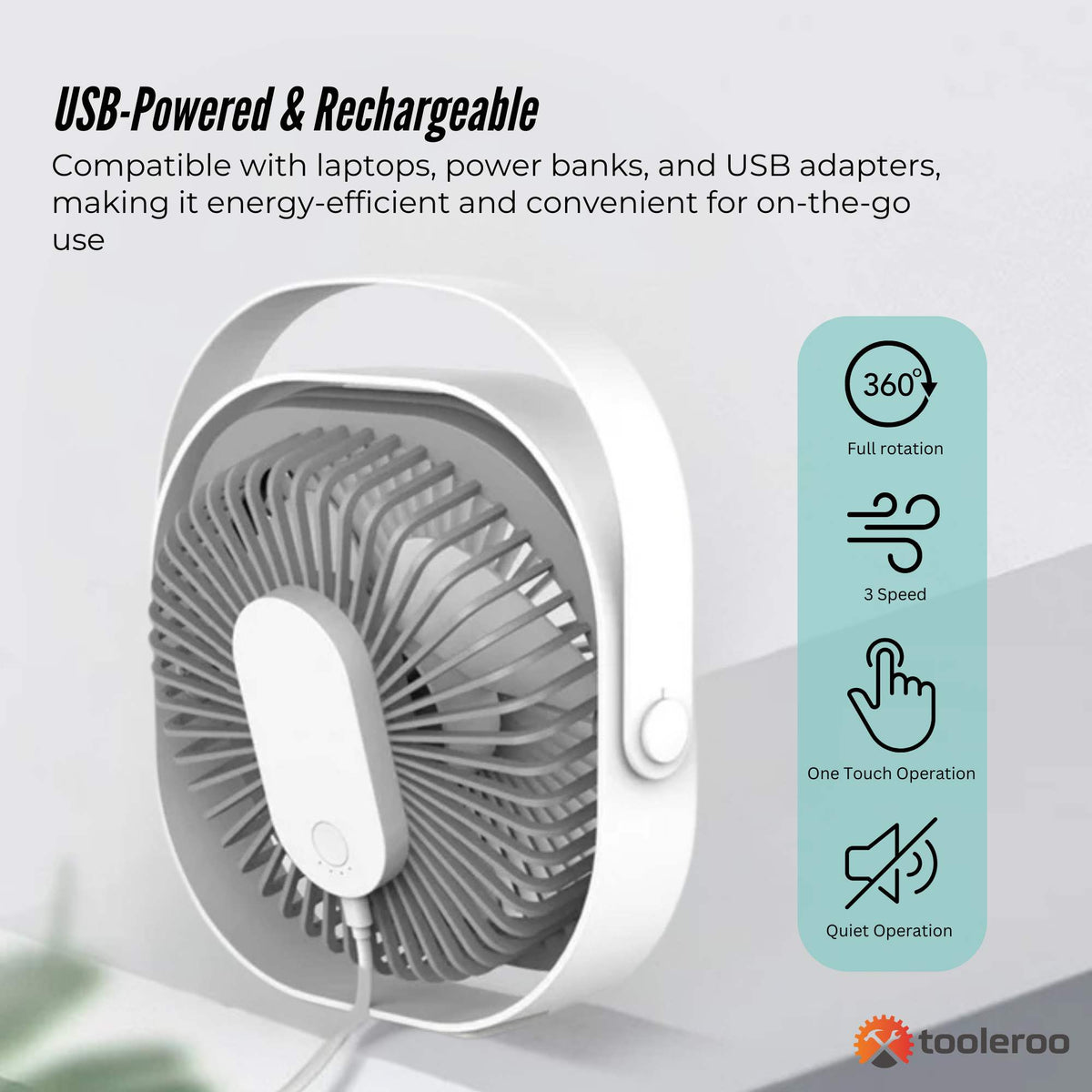Tooleroo3-Speed USB 20cm Desktop Fan - Quiet Portable Lightweight Rechargeable Cooler