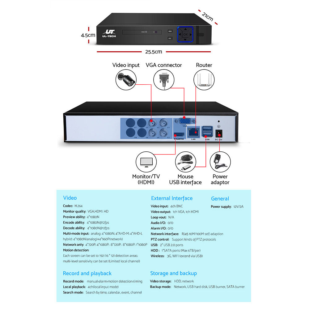 UL-TECH 1080P Security Camera System 4CH DVR with 2 CCTV Bullet Cameras