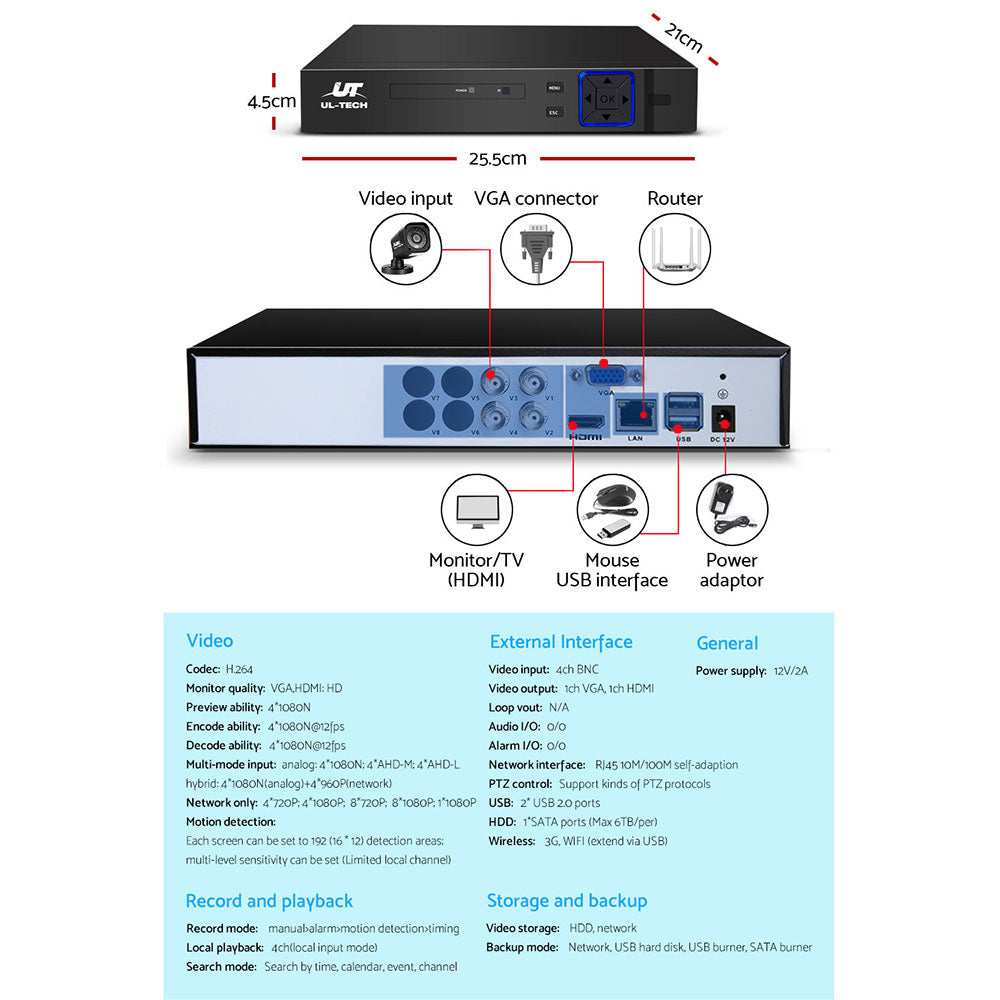 UL-TECH 1080P Security Camera System 4CH DVR with 4 CCTV Square Cameras