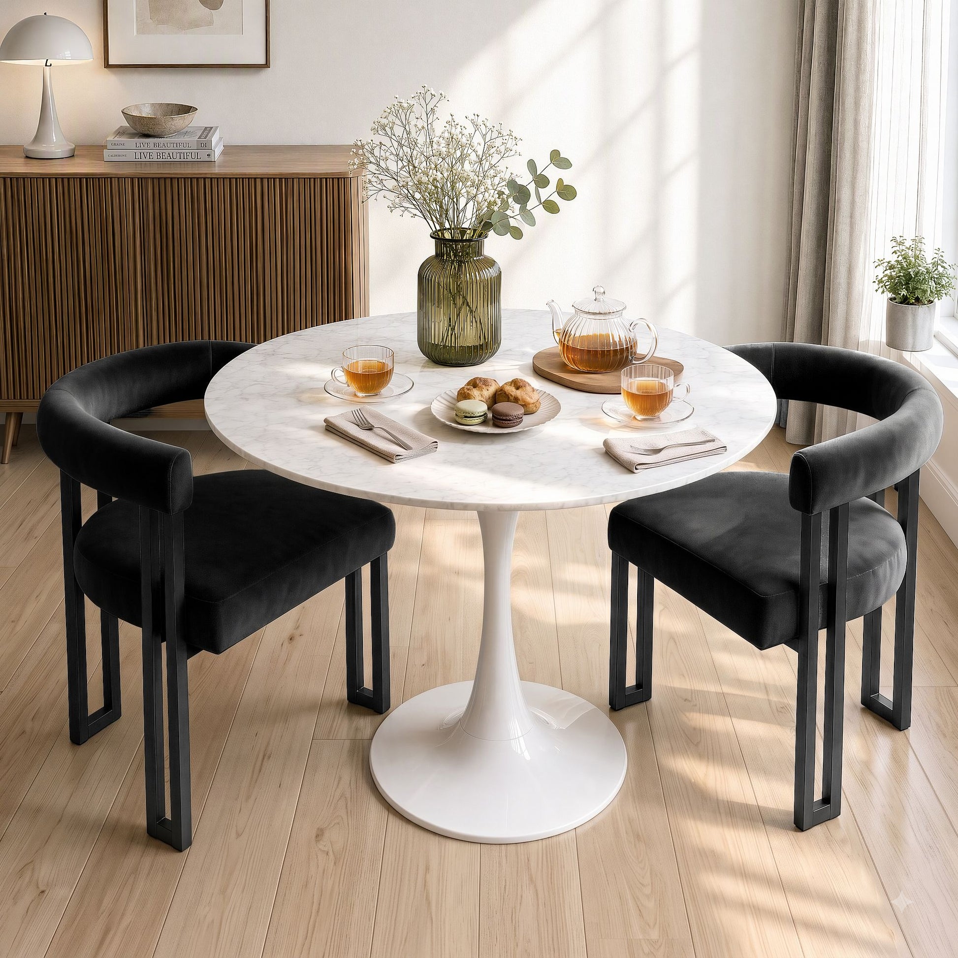 Artiss Dining Chairs Set of 2 Velvet Upholstered Barrel Chairs with Curved Armrests & Back Black