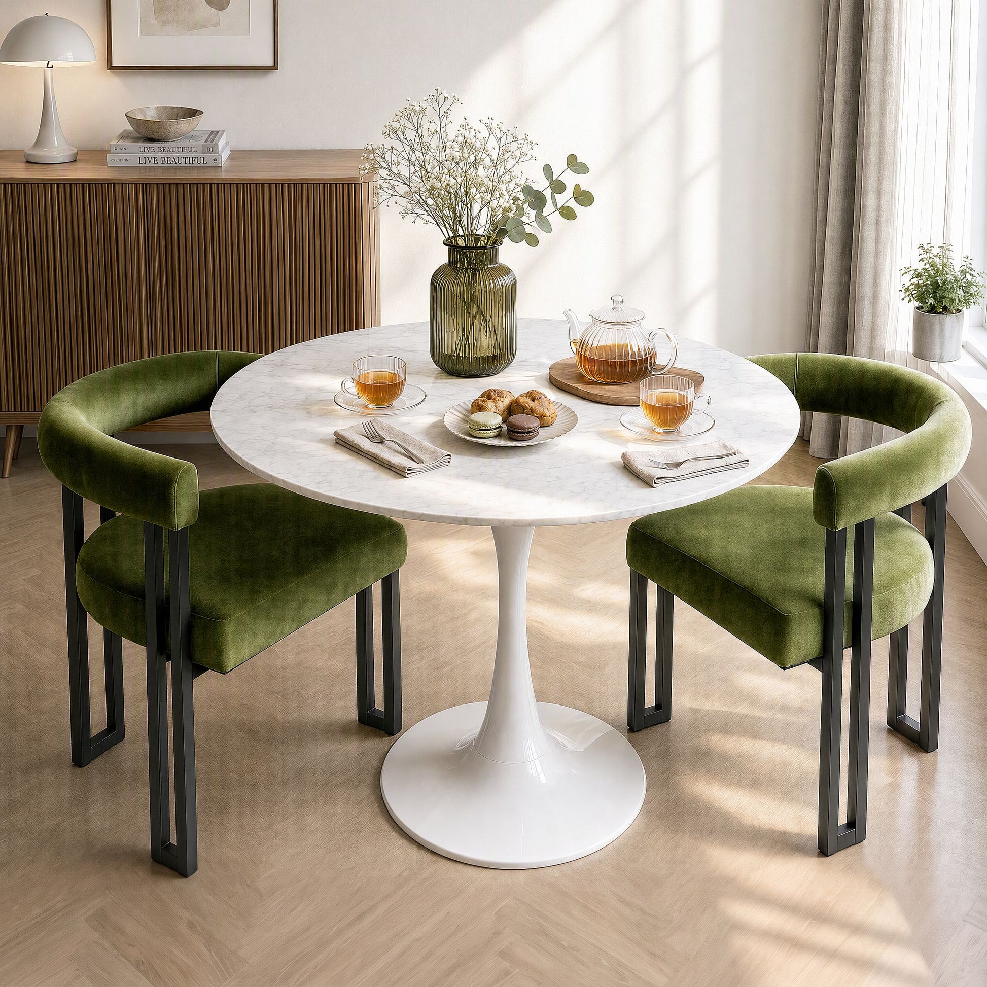 Artiss Dining Chairs Set of 2 Velvet Upholstered Barrel Chairs with Curved Armrests & Back Green