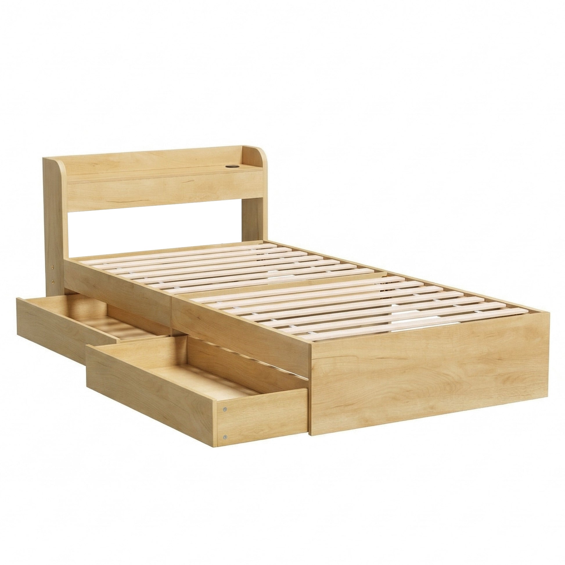 Artiss King Single Bed Frame with 2 Drawers Platform Bed with Headboard Bed Base with USB Ports Natural