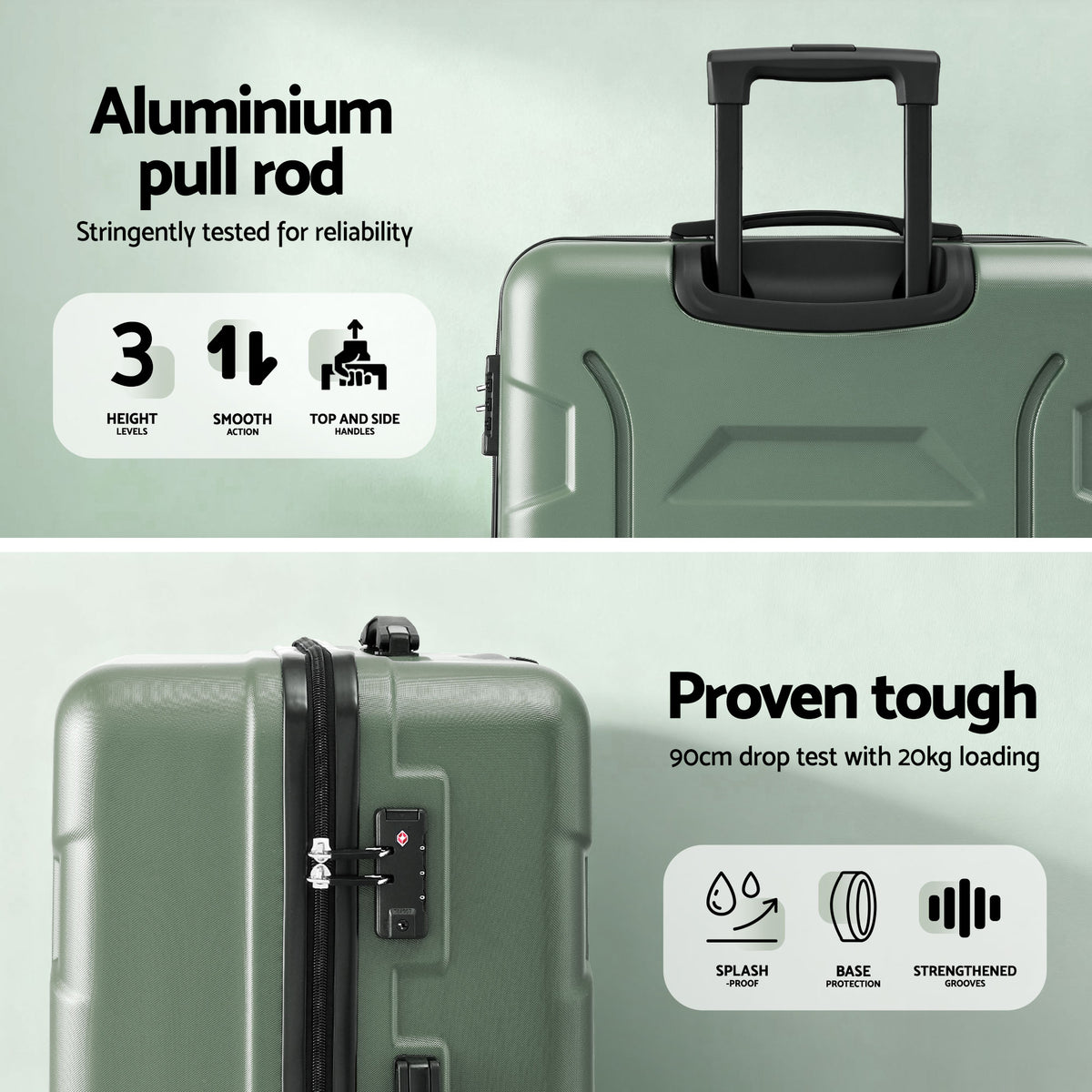 Wanderlite 3pcs Luggage Suitcase Set Trolley Travel TSA Lightweight Hard Case Grey Green