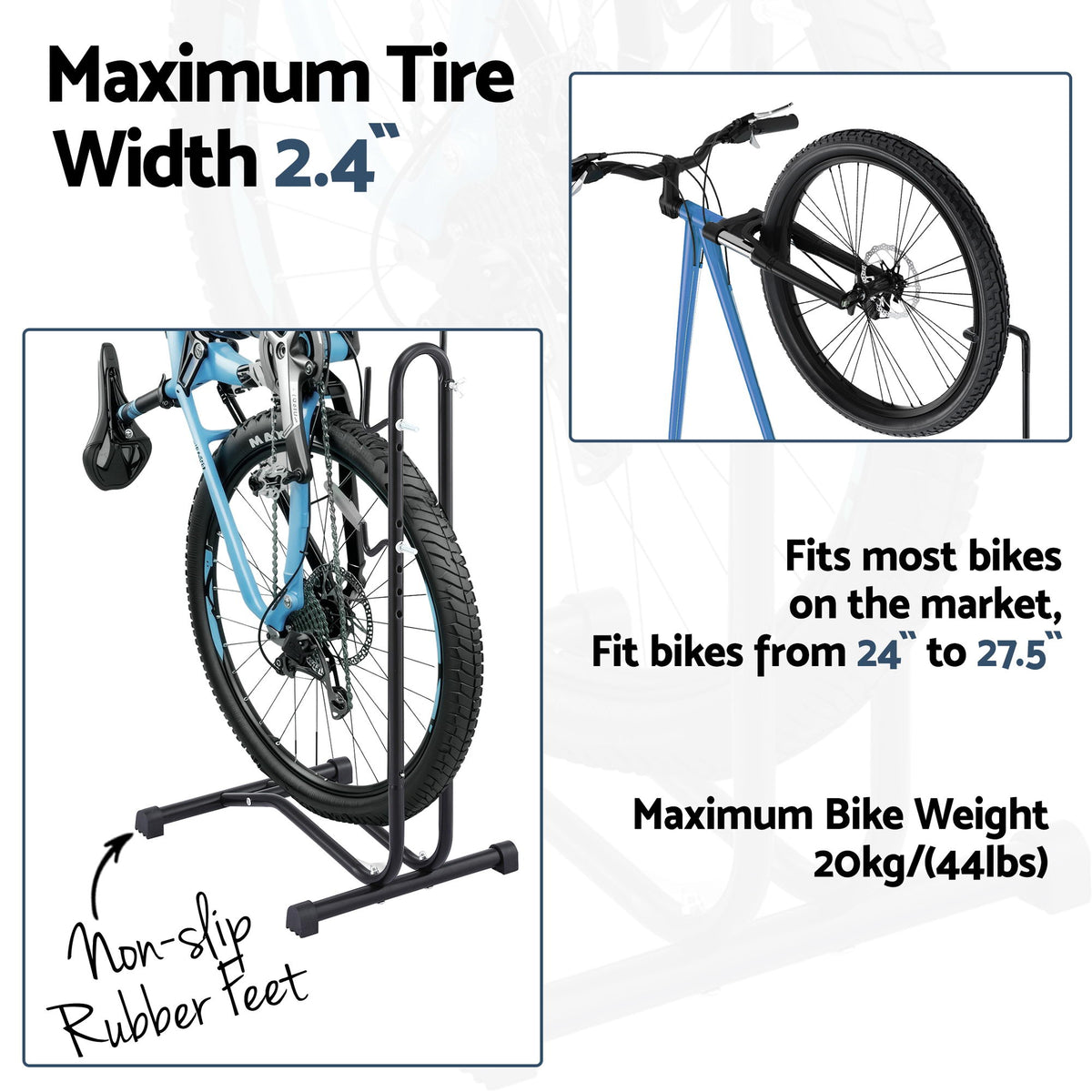 Weisshorn 4-in-1 Bike Parking Stand Vertical Floor Storage Rack for 24"-27.5" Bicycles, Adjustable Height Repair Maintenance Stand, Stable Indoor Garage Space Saver with Non-slip Rubber Feet