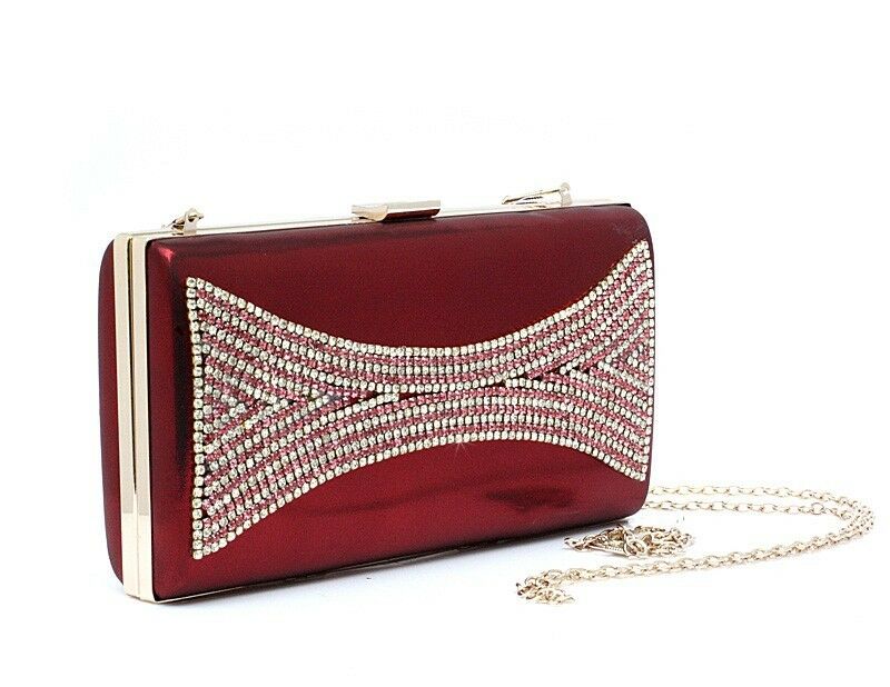 Womens Clutch Hand Bag Diamante Wedding Formal Party Bridal Red