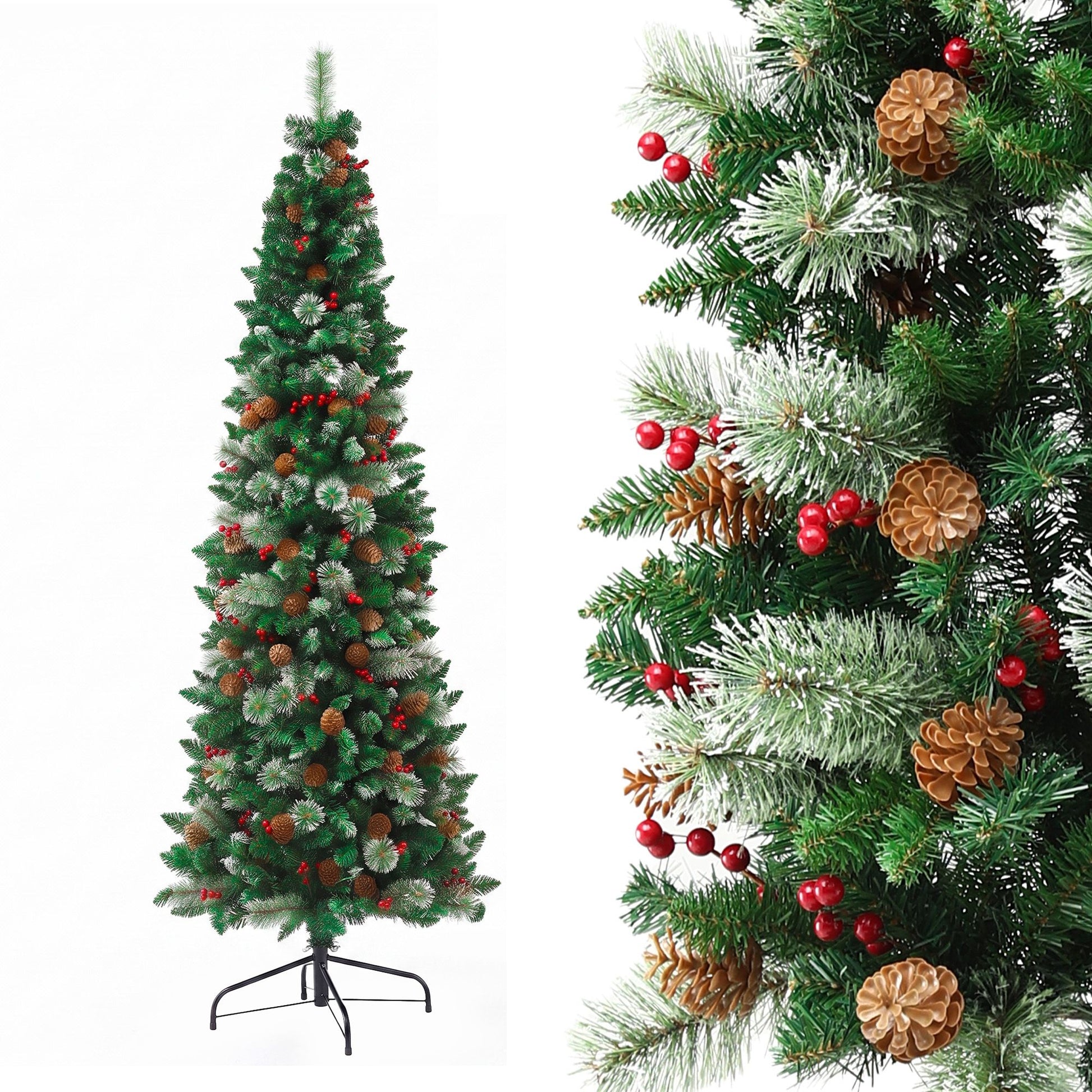 Jingle Jollys 2.1m Artificial Slim Christmas Tree Pine Cone Berry Decor Corner