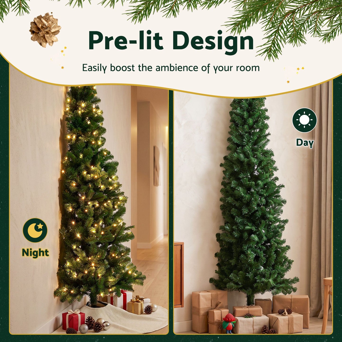 Jingle Jollys 2.4m Pre-Lit Christmas Tree Slim Pencil Xmas Tree Corner Tree