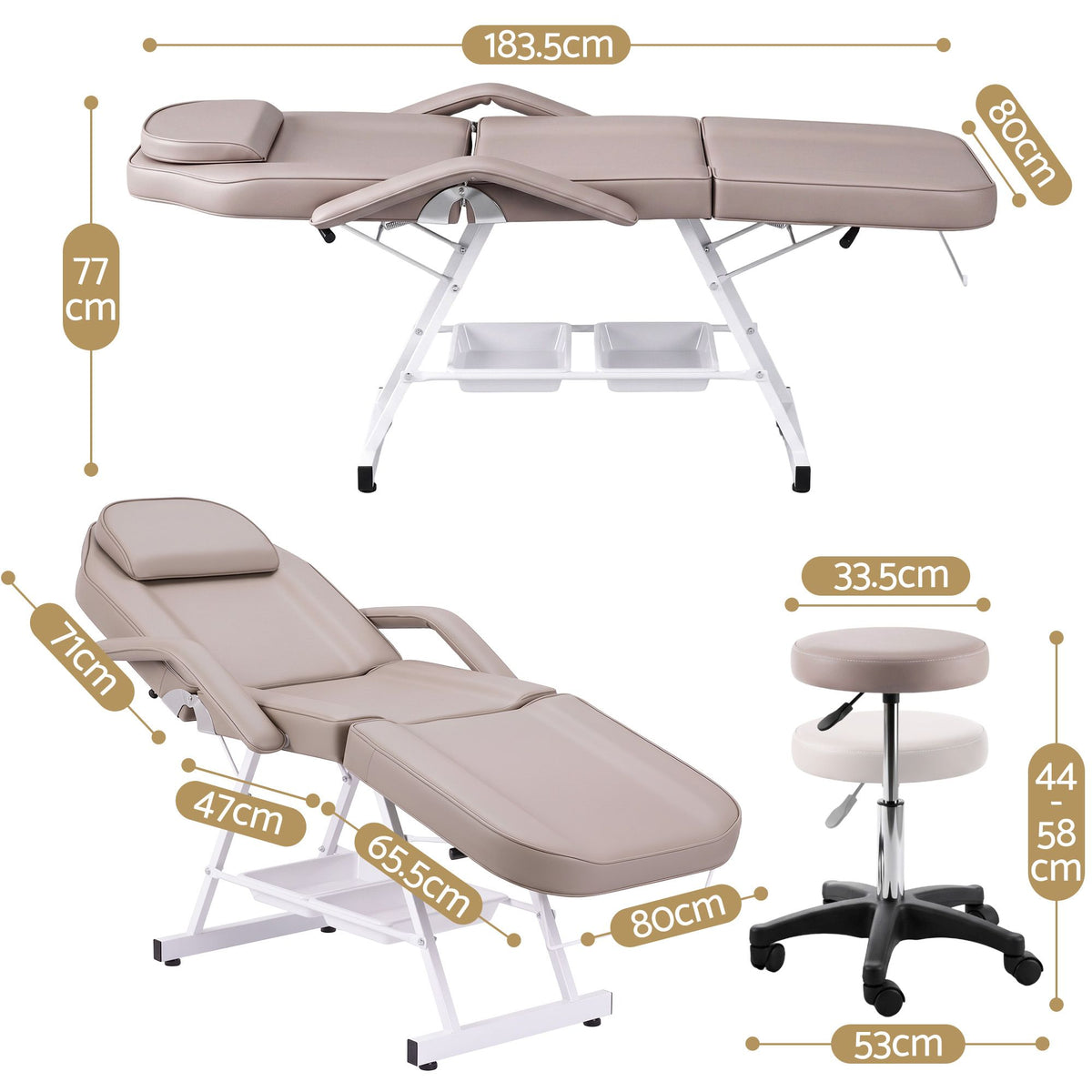 Zenses Beauty Bed with Stool, Beige, Adjustable Facial Massage Table, Tattoo Chair, Salon Services