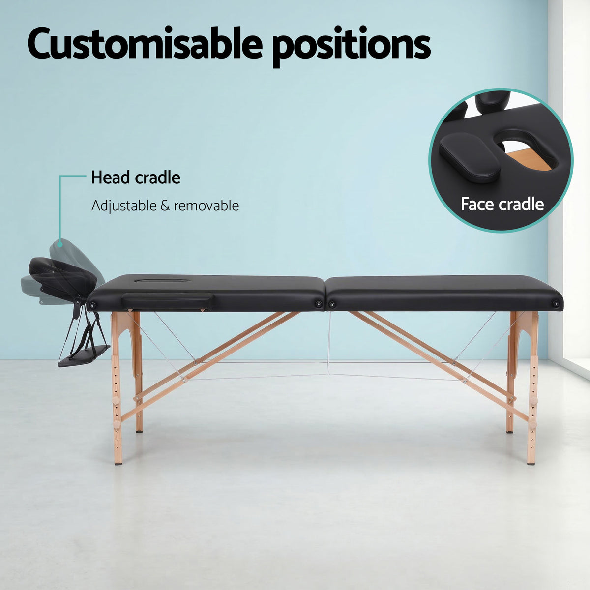 Zenses Massage Table 70cm Portable 2 Fold Wooden Beauty Waxing Therapy Bed Black