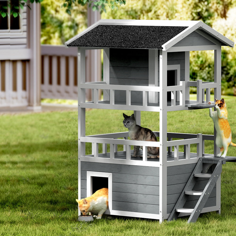 i.Pet Outdoor Cat House Shelter 72cm x 72cm x 127cm Rabbit Hutch Wooden Condo Small Outdoor Cat House